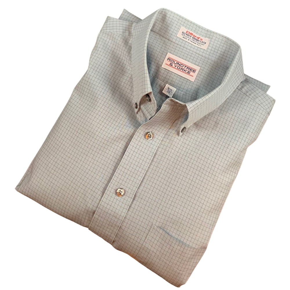 Roundtree & Yorke Mens 16.5/33 Blue Grid Blended Broadcloth Button Down Shirt
